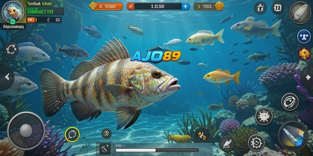 Screenshot gameplay AJO89 dengan aksi menembak ikan.