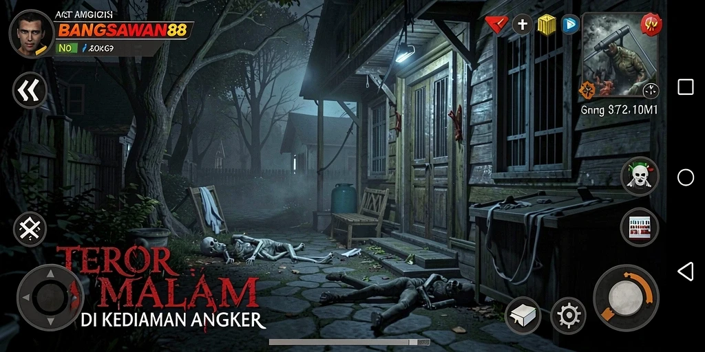 Tangkapan layar gameplay BANGSAWAN88 menampilkan suasana menyeramkan di kediaman angker.