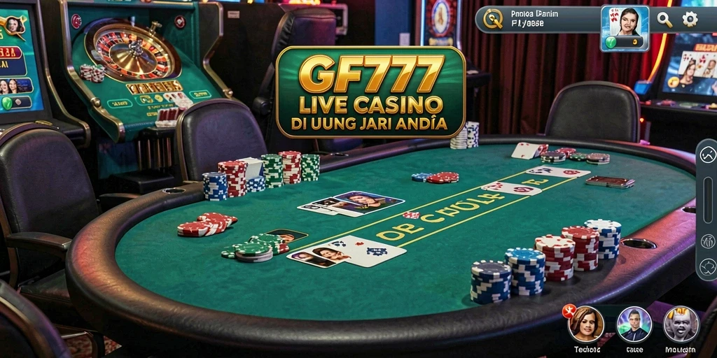 Screenshot GF777 menampilkan dealer live yang berinteraksi dengan pemain.