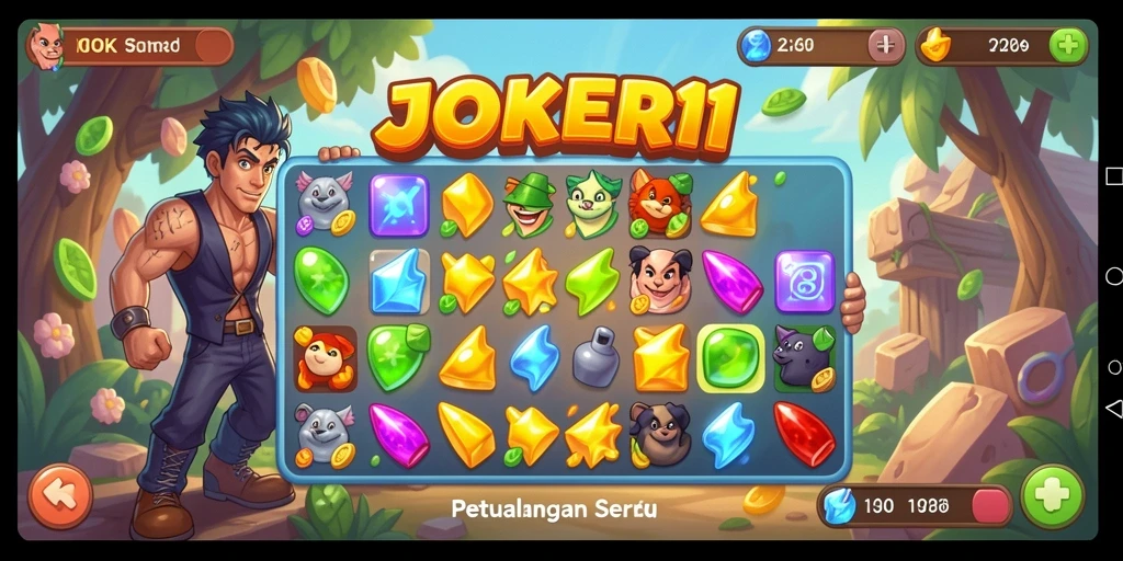 Tampilan gameplay penuh warna dari JOKER11 di level Match-3.