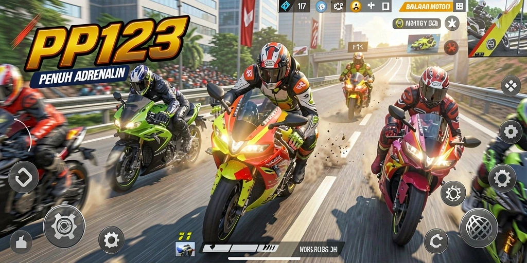 Tampilan gameplay PP123 dengan aksi balapan motor yang cepat.