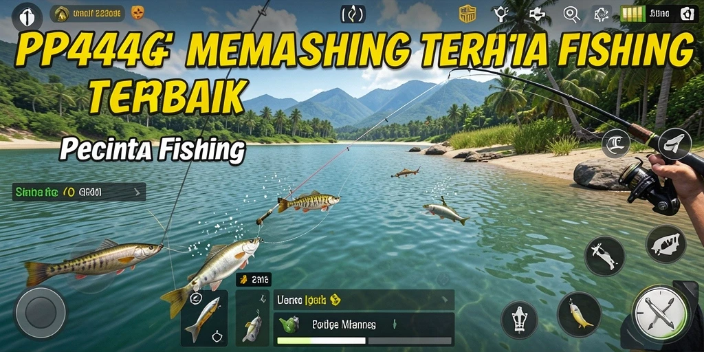 Screenshot gameplay PP444 menunjukkan keseruan memancing di laut yang indah.