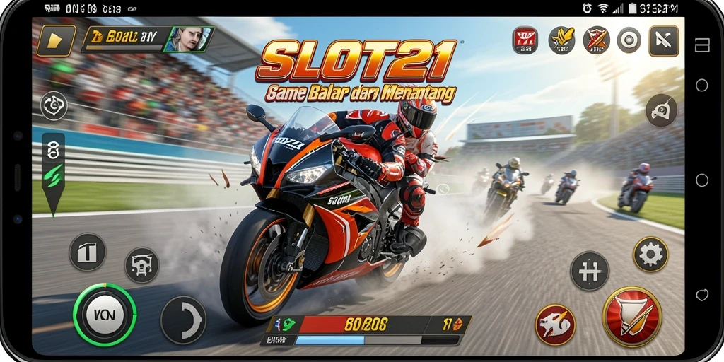 Screenshot utama SLOT21 menampilkan aksi balap motor yang mendebarkan.