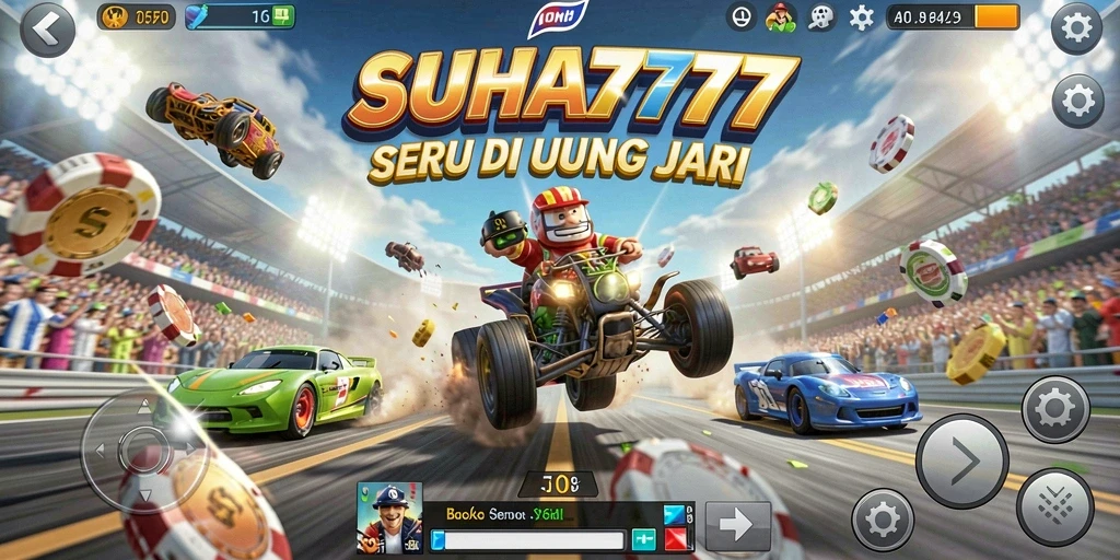 Screenshot gameplay SUHU777 dengan mobil balapan di trek menantang.
