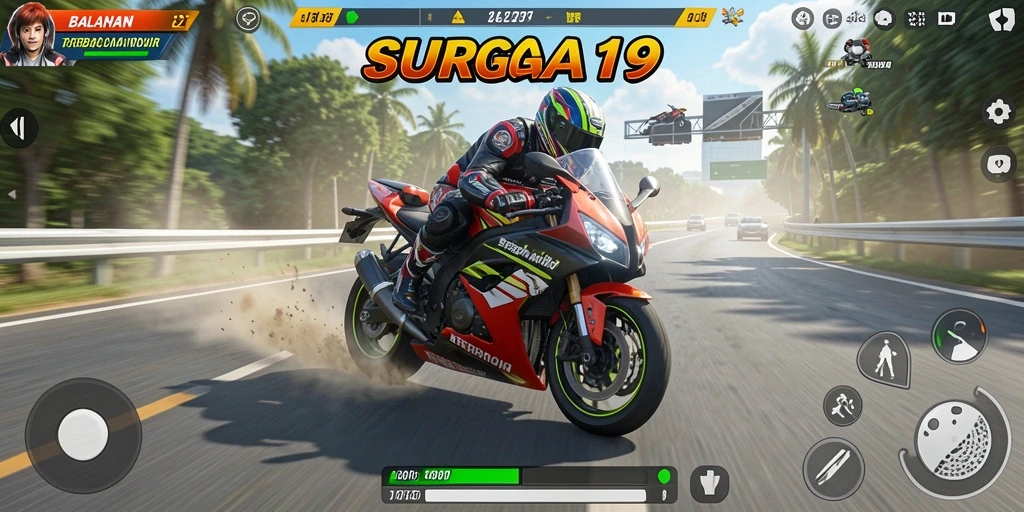 Tampilan gameplay SURGA19 dengan balapan motor yang mendebarkan.