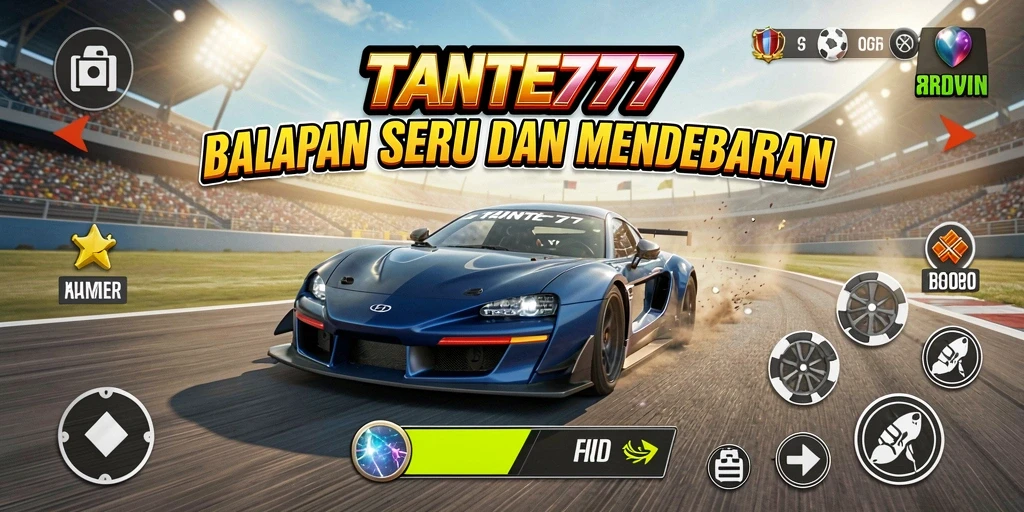 Gameplay TANTE777 menampilkan balapan seru dengan berbagai mobil dan lintasan.